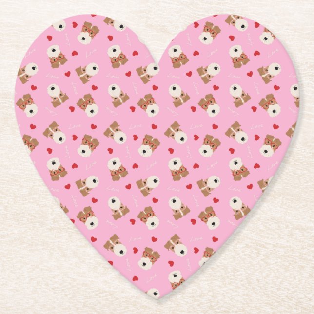 Wire Fox Terrier Dog Heart Glasses Pattern Pink Paper Coaster (Front)