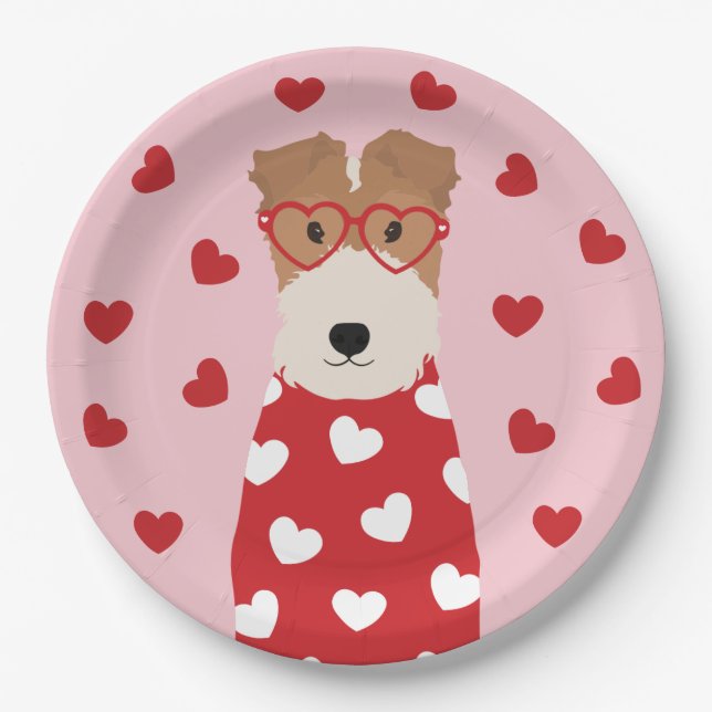 Wire Fox Terrier Dog Heart Glasses Pink Red Paper Plate (Front)