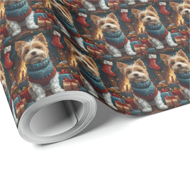 Wire Fox Terrier Dog With Christmas Gift Fireplace Wrapping Paper (Roll Corner)