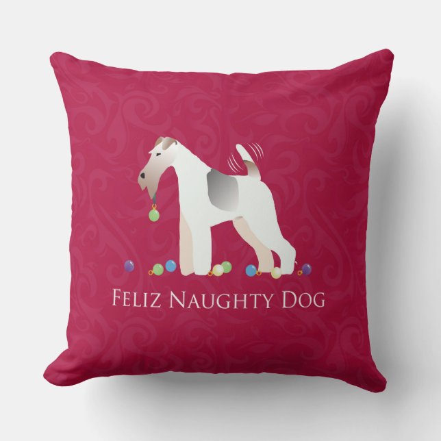Wire Fox Terrier Feliz Naughty Dog Christmas Cushion (Front)