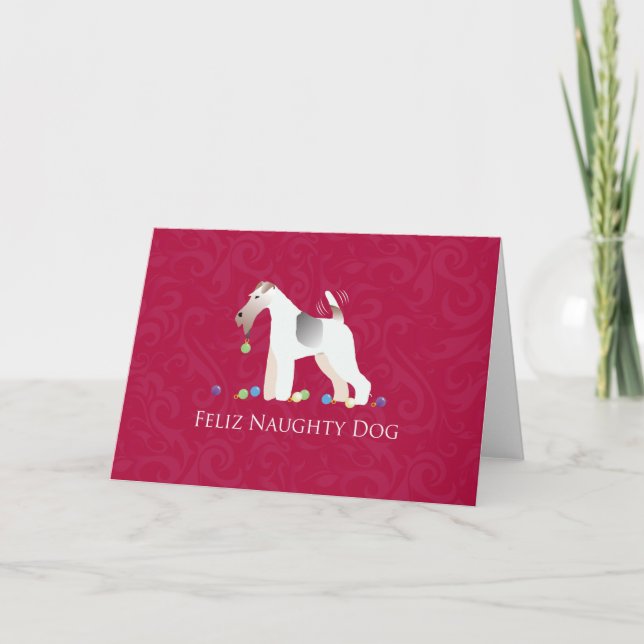 Wire Fox Terrier Feliz Naughty Dog Christmas Holiday Card (Front)