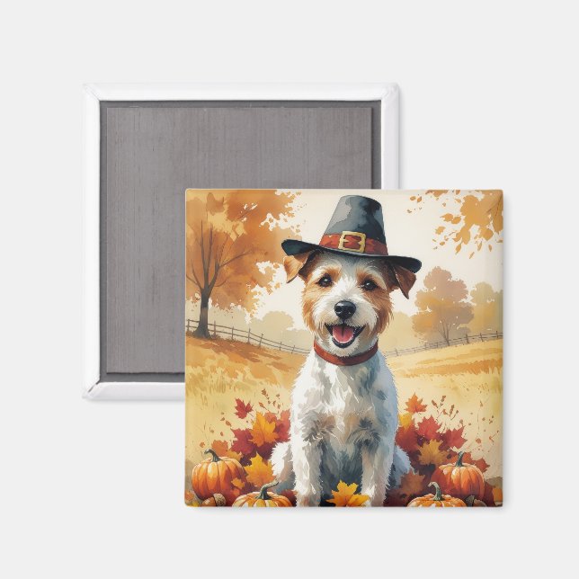 Wire Fox Terrier In Autumn Leaves Thanksgiving Art Magnet (Front/Back)