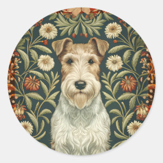 Wire Fox Terrier in William Morris Floral Style Classic Round Sticker