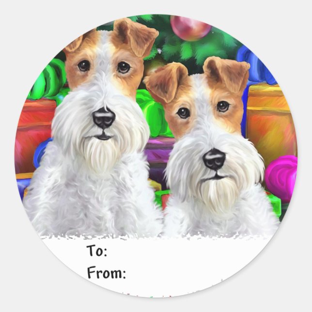 Wire Fox Terrier Open Gifts Christmas Classic Round Sticker (Front)