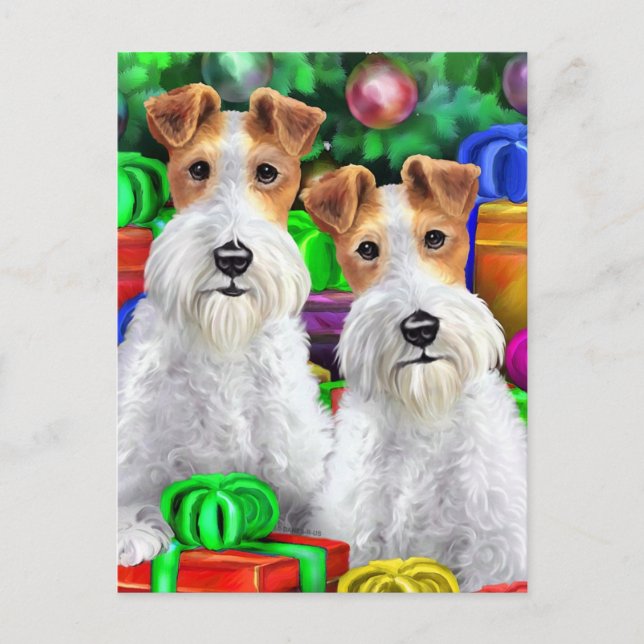 Wire Fox Terrier Open Gifts Christmas Holiday Postcard (Front)