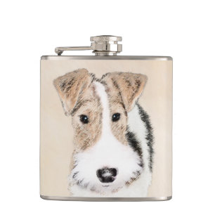 Wire Fox Terrier Painting - Cute Original Dog Art Hip Flask
