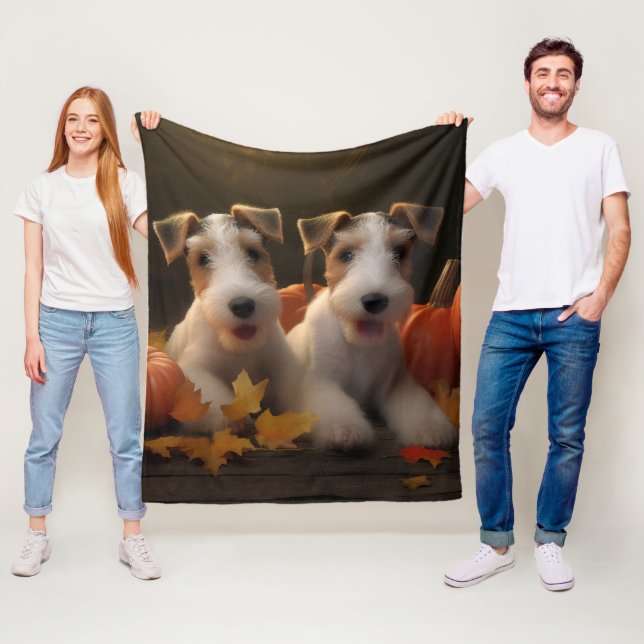 Wire Fox Terrier Puppy Autumn Delight Pumpkin Fleece Blanket (In Situ)