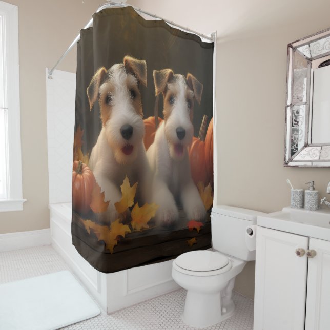 Wire Fox Terrier Puppy Autumn Delight Pumpkin Shower Curtain (In Situ)