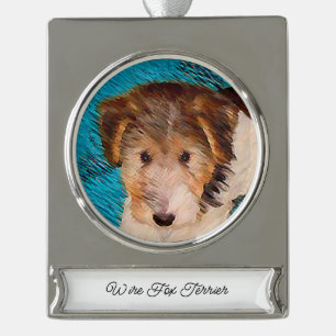 Wire Fox Terrier Puppy Painting - Original Dog Art Silver Plated Banner Ornament
