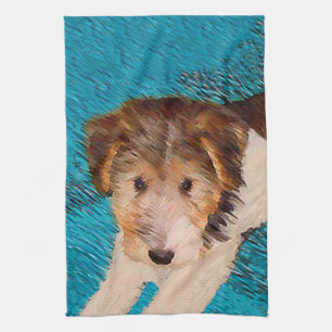 Wire Fox Terrier Puppy Painting - Original Dog Art Tea Towel