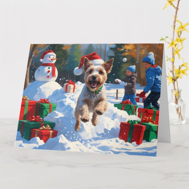 Wire Fox Terrier Running Snow with Christmas Hat Card (Yellow Flower)