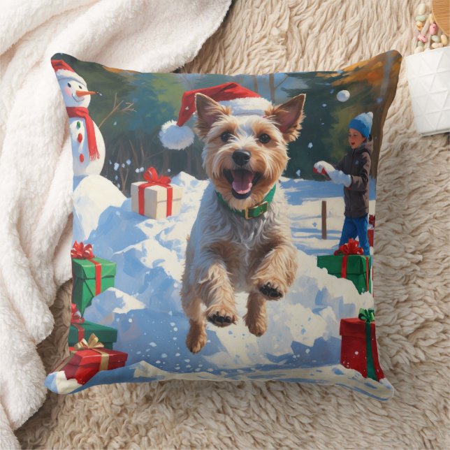 Wire Fox Terrier Running Snow with Christmas Hat Cushion (Blanket)