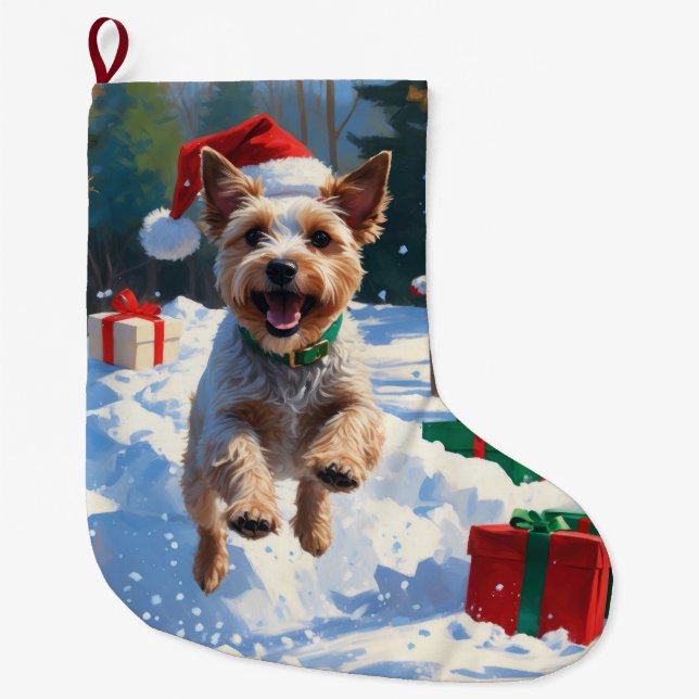 Wire Fox Terrier Running Snow with Christmas Hat Large Christmas Stocking (Front)