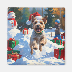 Wire Fox Terrier Running Snow with Christmas Hat Magnet