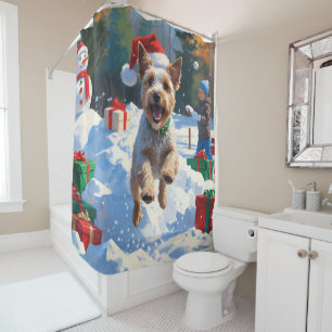 Wire Fox Terrier Running Snow with Christmas Hat Shower Curtain