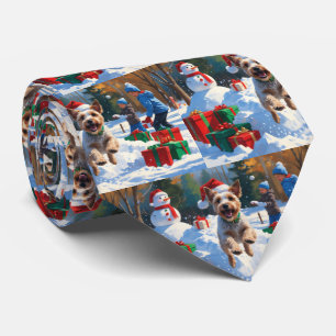 Wire Fox Terrier Running Snow with Christmas Hat Tie
