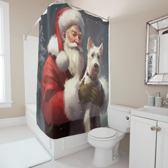Wire Fox Terrier Santa Claus Festive Christmas Shower Curtain (In Situ)