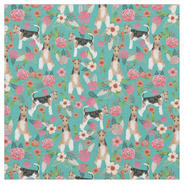 wire fox terrier vintage florals turquoise fabric (Close Up)