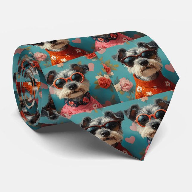 Wire Fox Terrier with Heart Roses Valentine's Day Tie (Rolled)