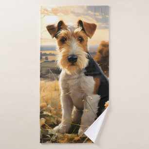 Wire Hair Fox Terrier In Autumn Countryside Bath Towel