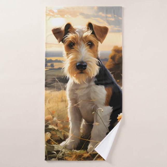 Wire Hair Fox Terrier In Autumn Countryside Bath Towel (Bath Towel)