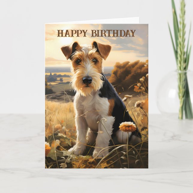 Wire Hair Fox Terrier In Countryside Birthday Card (Front)