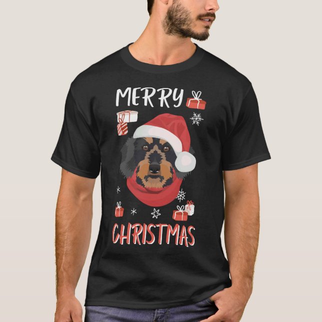 Wire Haired Dachshund Christmas T-Shirt (Front)