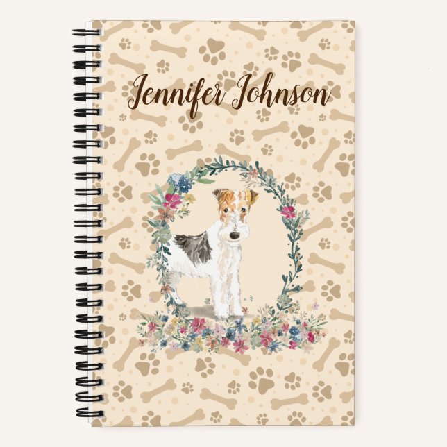 Wire Haired Fox Terrier Dog Paw Print & Floral Notebook (Front)