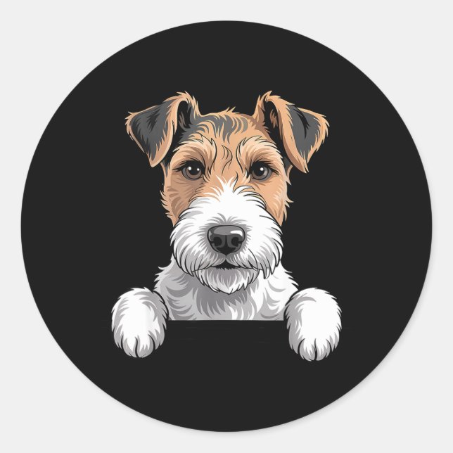 Wire Haired Fox Terrier Funny Peeking Dog Lover Classic Round Sticker (Front)