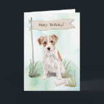 Wire Haired Jack Russell Terrier Under Birthday Card<br><div class="desc">Energetic and full of character, this Wire-Haired Jack Russell Terrier birthday card is perfect for fans of this feisty breed. The scruffy pup stands confidently in a watercolor outdoor scene, with a rustic flag-style banner adding a festive touch. A great way to send birthday wishes with a bit of Terrier...</div>