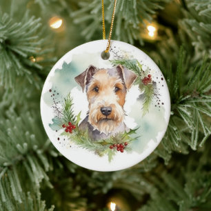 Wirefox Terrier Christmas Wreath Festive Pup  Ceramic Tree Decoration