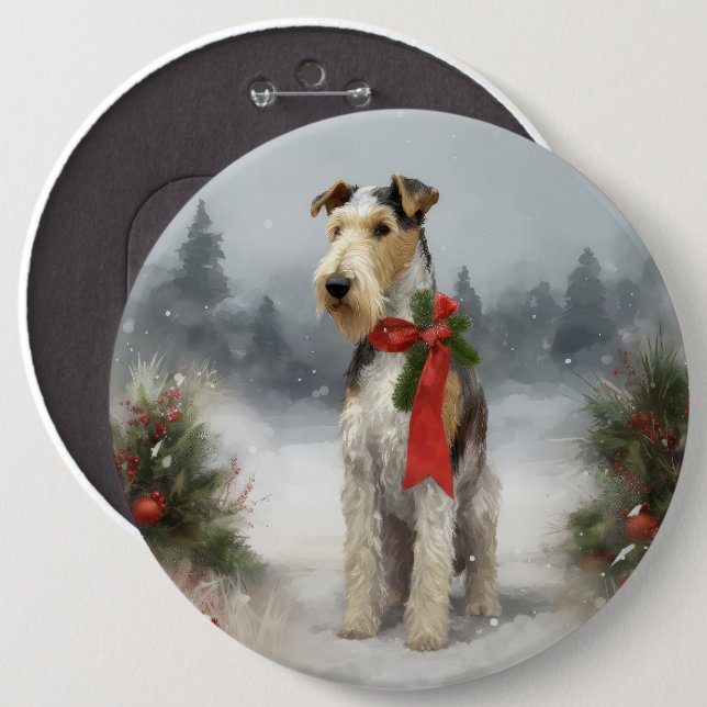 Wirefox Terrier Dog in Snow Christmas 6 Cm Round Badge (Front & Back)