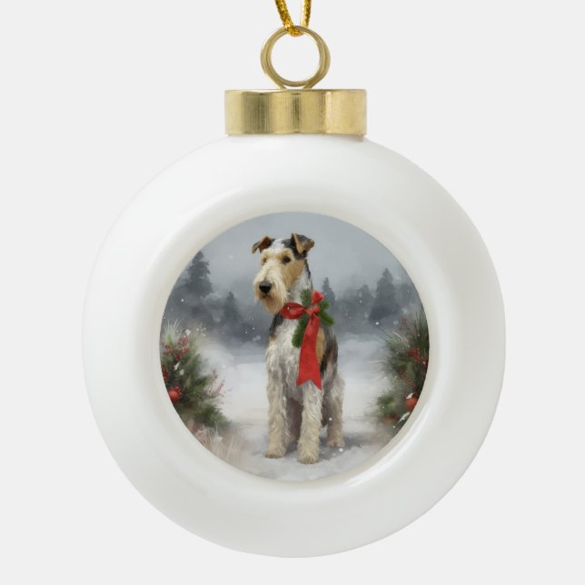 Wirefox Terrier Dog in Snow Christmas Ceramic Ball Christmas Ornament (Front)