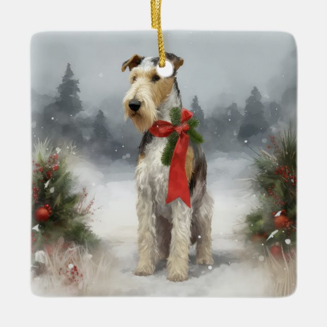 Wirefox Terrier Dog in Snow Christmas Ceramic Ornament (Front)