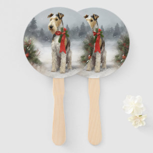 Wirefox Terrier Dog in Snow Christmas Hand Fan