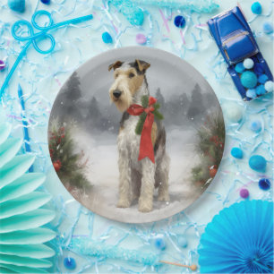 Wirefox Terrier Dog in Snow Christmas Paper Plate