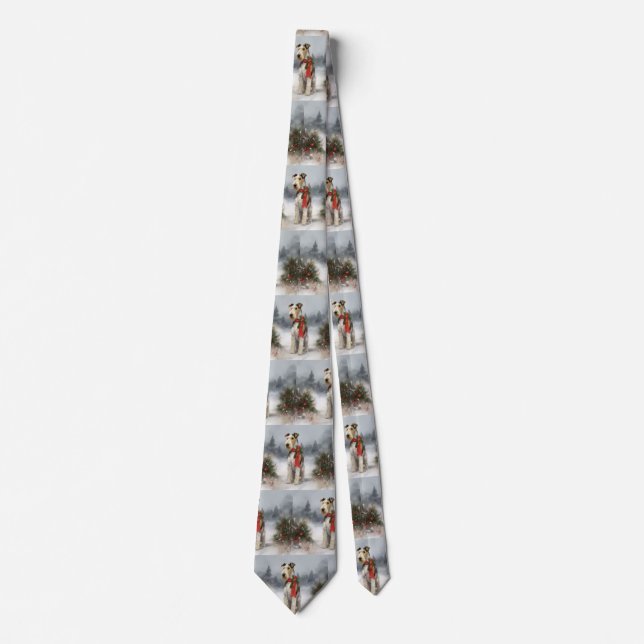 Wirefox Terrier Dog in Snow Christmas Tie (Front)