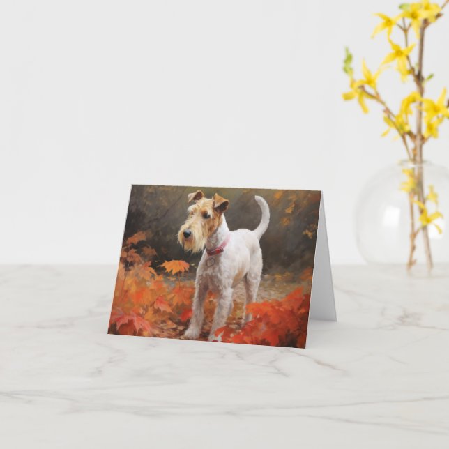 Wirefox Terrier in Autumn Leaves Fall Inspire  Card (Yellow Flower)