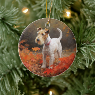 Wirefox Terrier in Autumn Leaves Fall Inspire Ceramic Tree Decoration