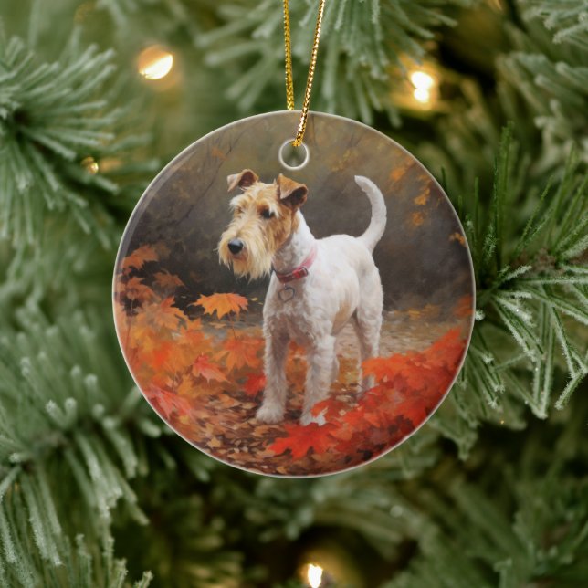Wirefox Terrier in Autumn Leaves Fall Inspire  Ceramic Tree Decoration (Tree)