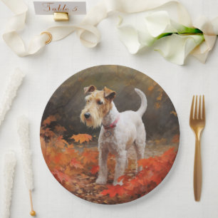 Wirefox Terrier in Autumn Leaves Fall Inspire Paper Plate
