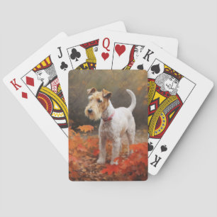 Wirefox Terrier in Autumn Leaves Fall Inspire  Playing Cards
