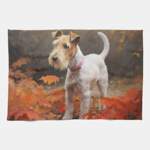 Wirefox Terrier in Autumn Leaves Fall Inspire  Tea Towel