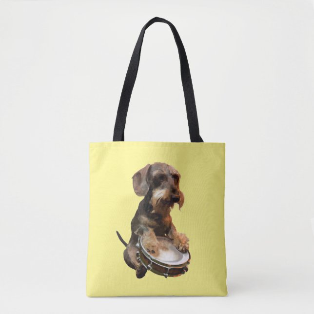 Wirehair Dachshund Playing Drums Tote Bag (Front)