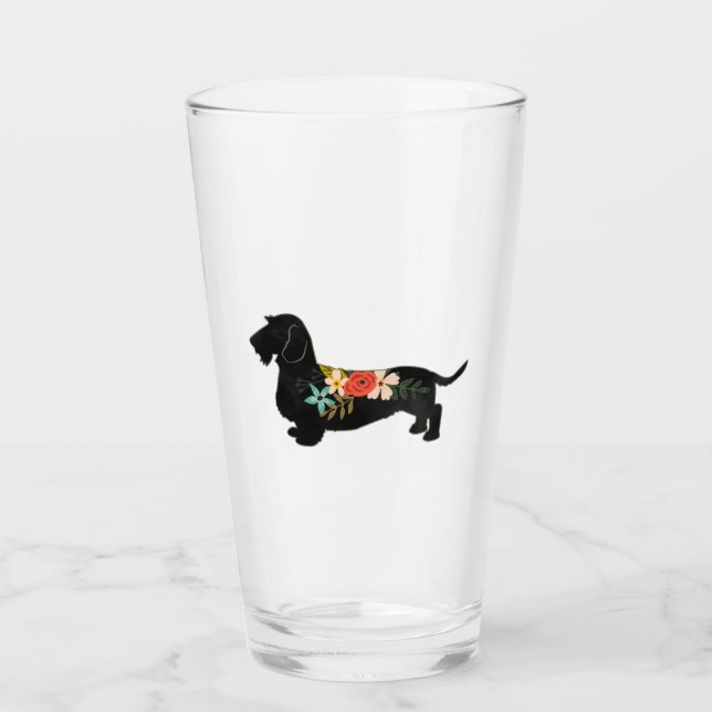 Wirehaired Dachshund Bohemian Floral Silhouette Glass (Front)