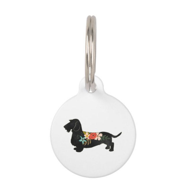 Wirehaired Dachshund Bohemian Floral Silhouette Pet Tag (Front)