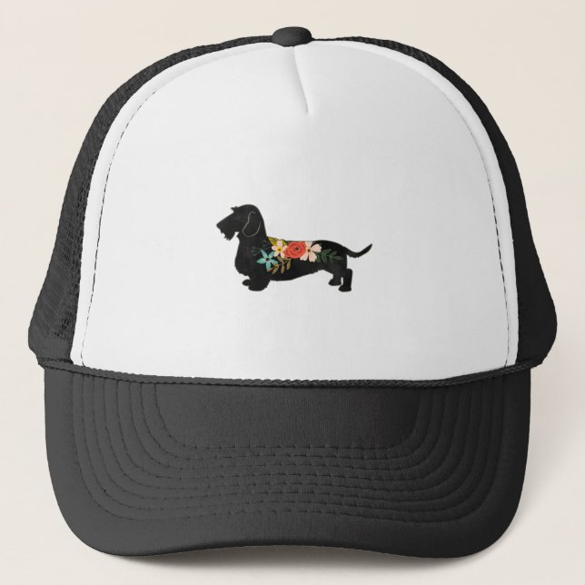 Wirehaired Dachshund Bohemian Floral Silhouette Trucker Hat (Front)
