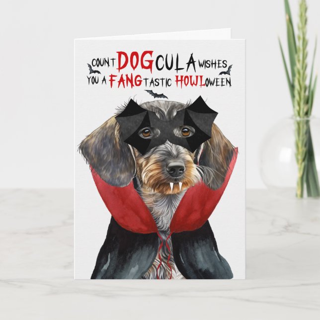 Wirehaired Dachshund Funny Count DOGcula Halloween Holiday Card (Front)