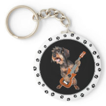 Wirehaired Dachshund Playing Guitar Keychain