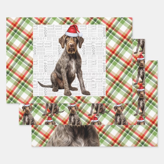 Wirehaired Pointer Christmas Dog Red Green Plaid Wrapping Paper Sheet (Set)